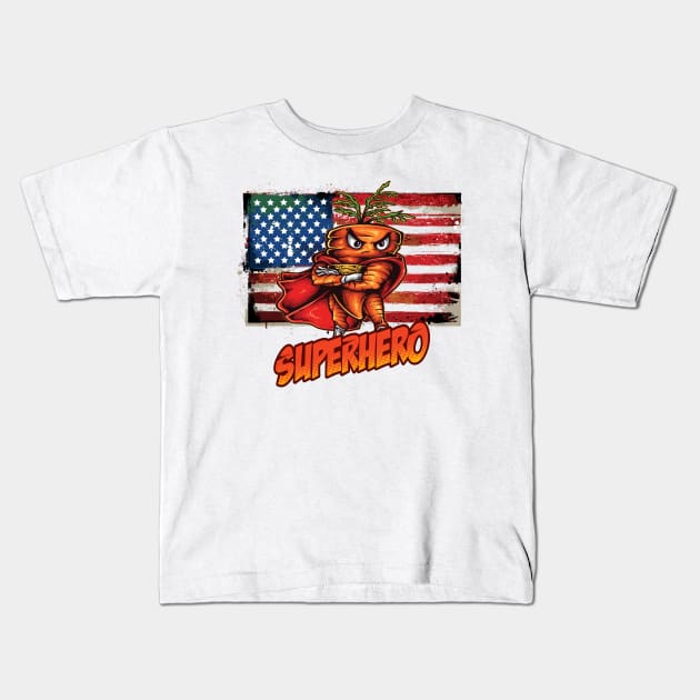 The Angry Carrot / Foodietoon SuperHero / USA Flag Kids T-Shirt by ProjectX23